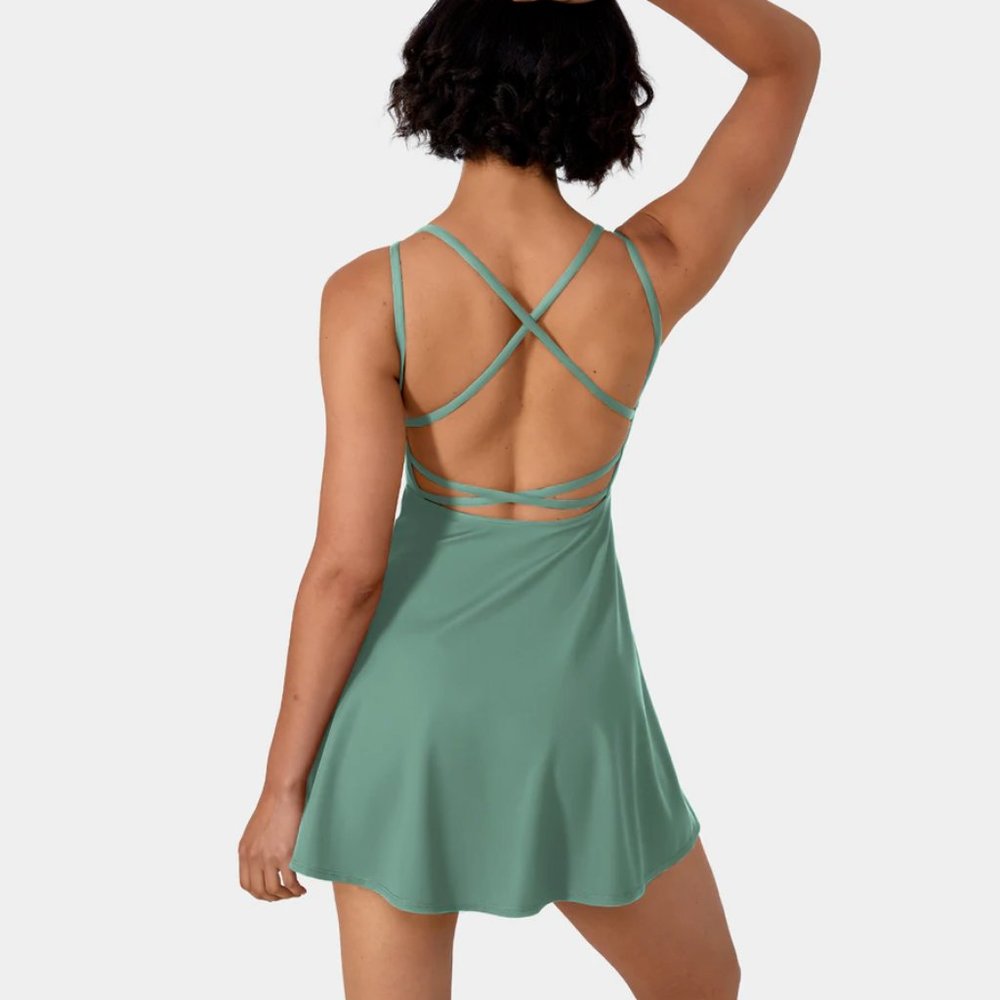 NWT HALARA Everyday Crisscross Backless Barre Ballet Dance Flared Dress